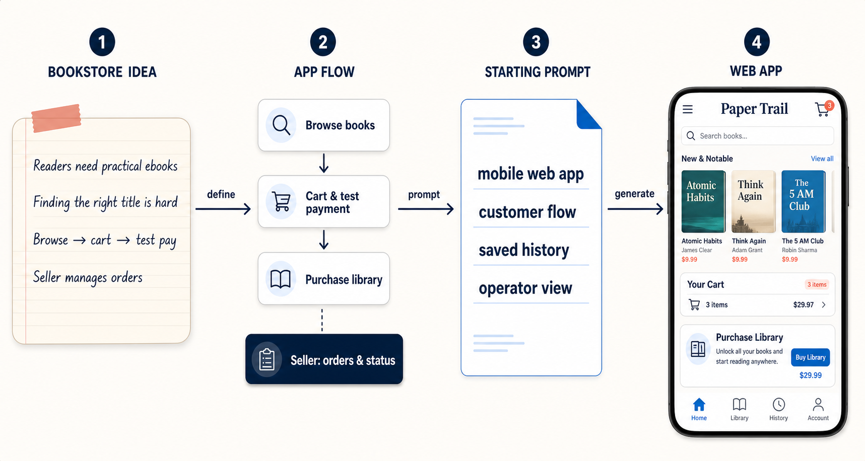 A bookstore idea becomes a workflow definition, starting prompt, and mobile web app